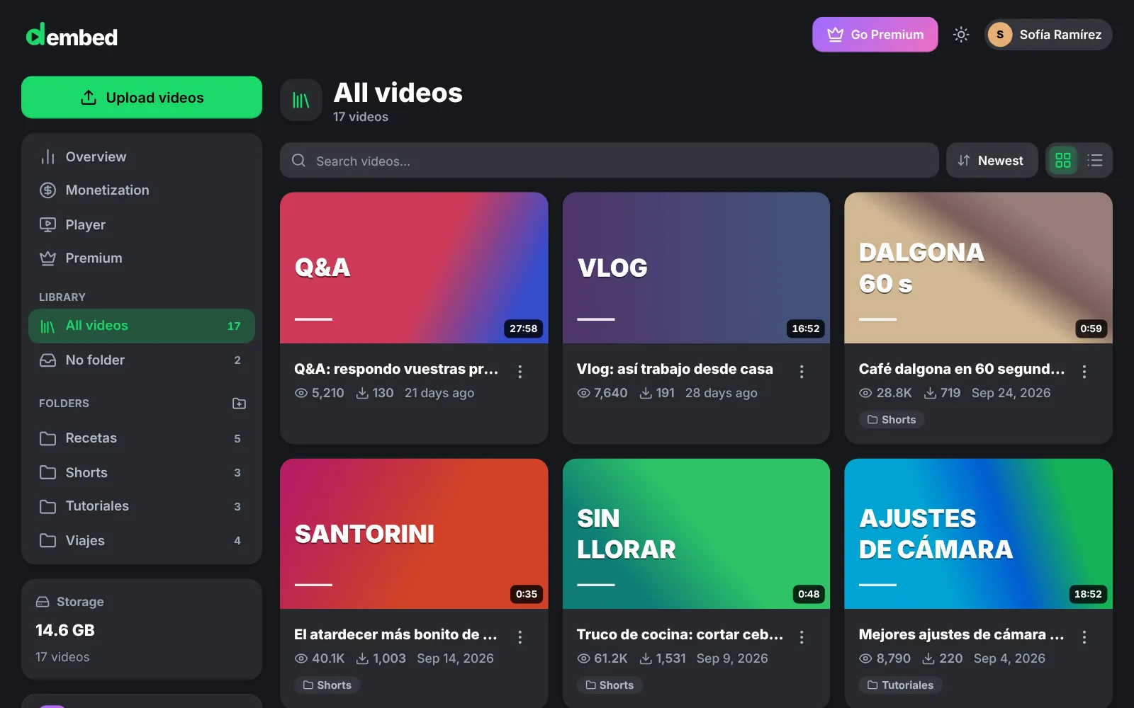 Dembed dashboard: video library with folders, thumbnails and stats