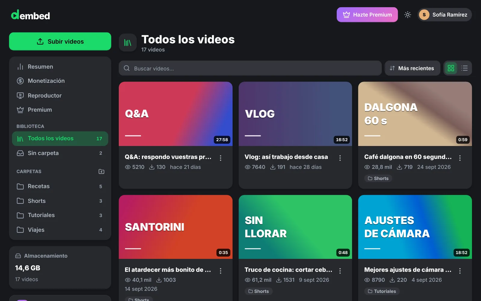 Panel de control de Dembed: biblioteca de videos con carpetas, miniaturas y estadísticas